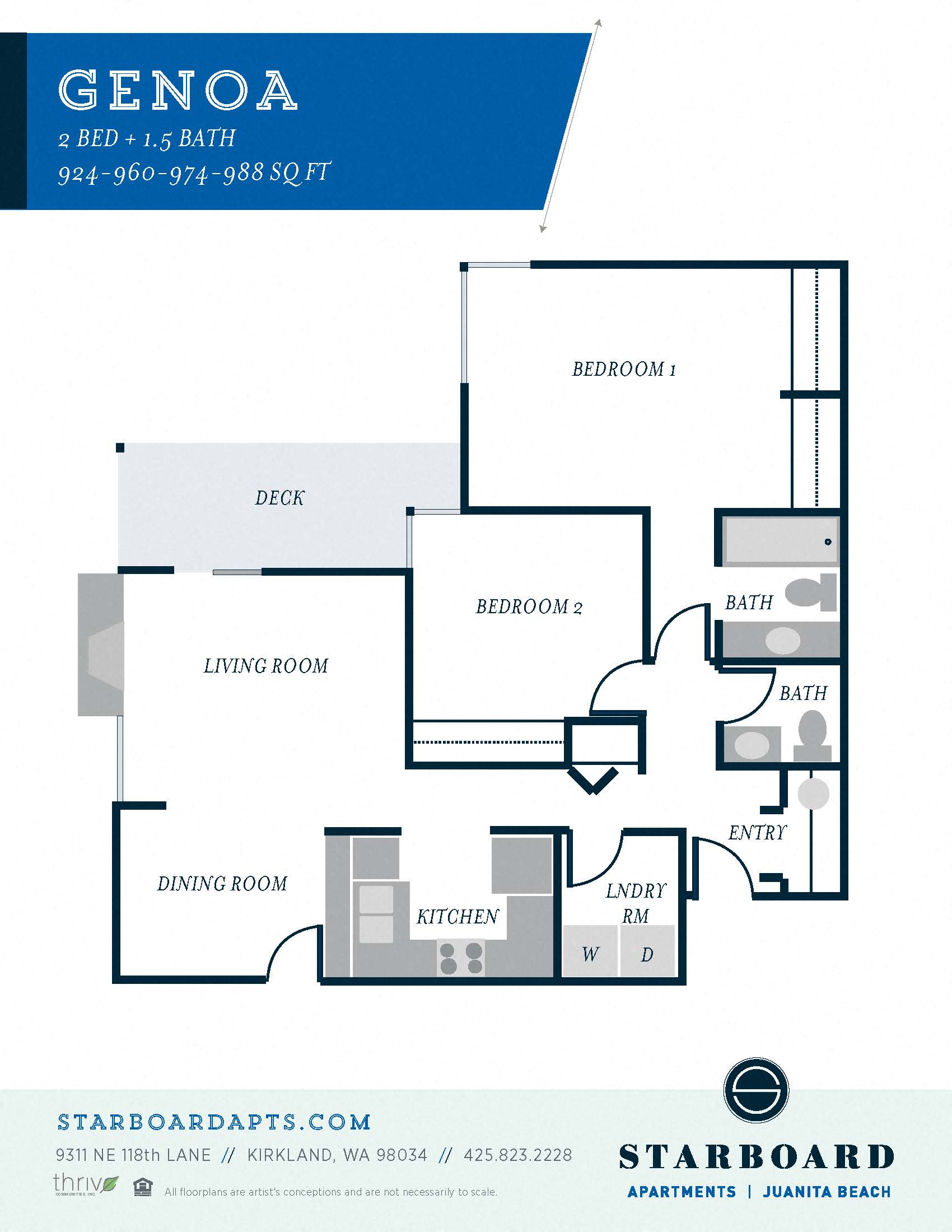 Floor plan for 2 beds, 1.5 baths, 988 sqft